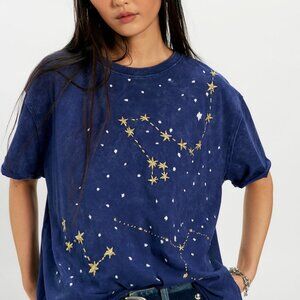 Free People x Denim & Bone Constellation Embroidered Tee Navy Small NWT $145
